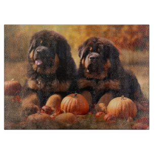 Tibetan-Mastiff-Welpe Herbstfreude Kürbis Schneidebrett