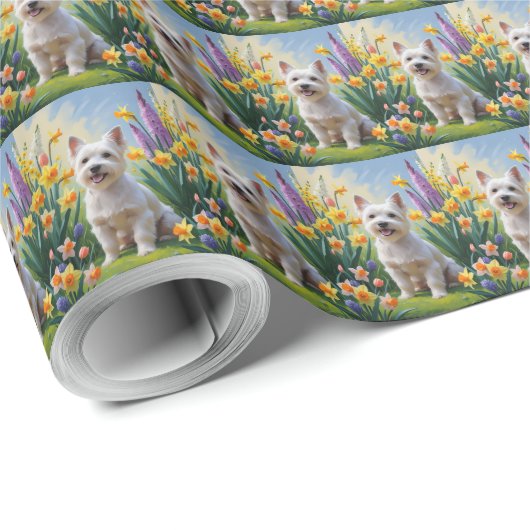 Tibetan Terrier Dog Frühlingsblumen Malerei Geschenkpapier (Rolleneckpunkt)