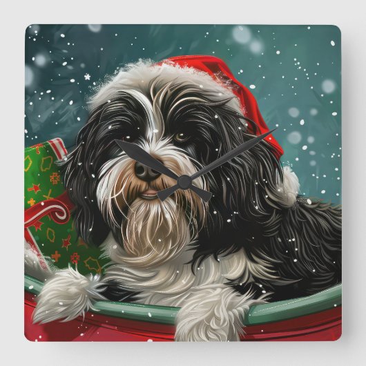 Tibetan Terrier Dog Weihnachtsfest Quadratische Wanduhr (Vorderseite)