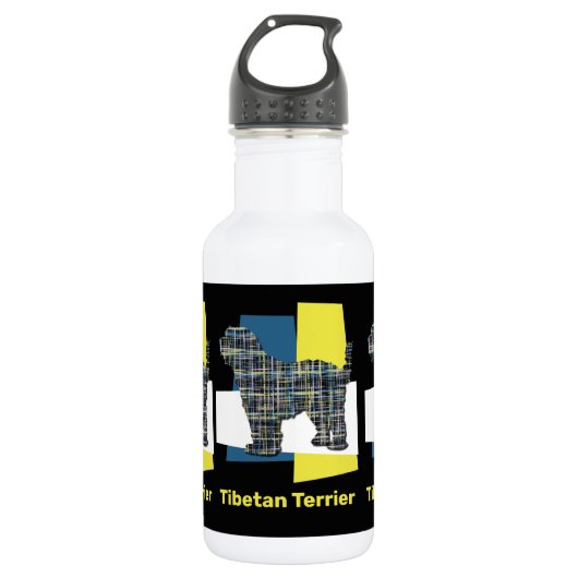 Tibetan Terrier Dog Yellow & Blue Triangle Grid Edelstahlflasche (Vorderseite)