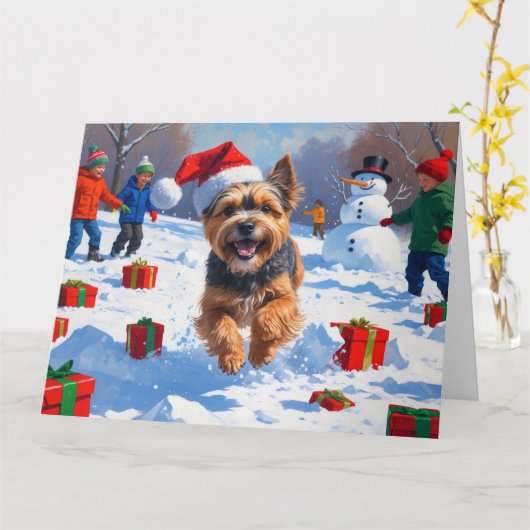 Tibetan Terrier läuft mit Weihnachtshut im Schnee Karte (Gelbe Blume)