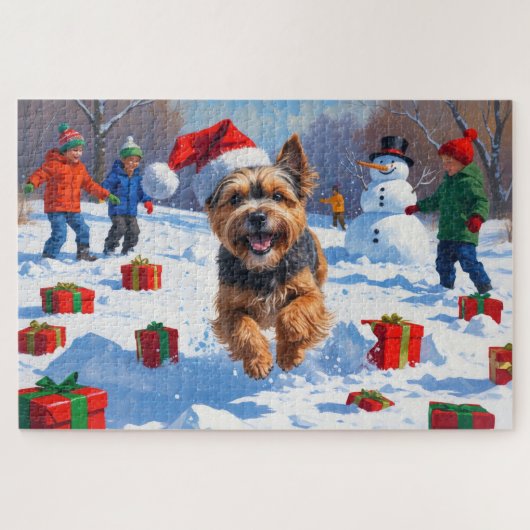 Tibetan Terrier läuft mit Weihnachtshut im Schnee Puzzle (Horizontal)