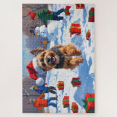 Tibetan Terrier läuft mit Weihnachtshut im Schnee Puzzle (Vertikal)