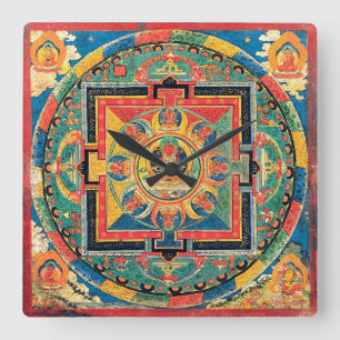 Tibetanische buddhistische Mandala-Uhr Quadratische Wanduhr