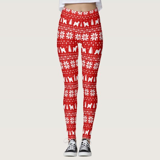 Tibeter Terrier Dog Silhouetten Weihnachtsmuster Leggings (Vorderseite)