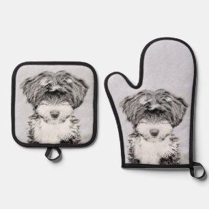 Tibeter Terrier Painting Black and White Dog Art Ofenhandschuh & Topflappen-Set