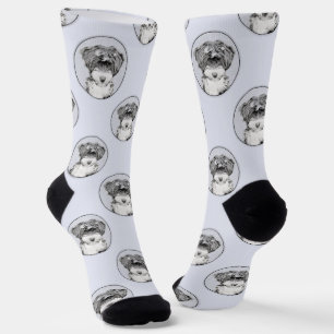 Tibeter Terrier Painting Black and White Dog Art Socken