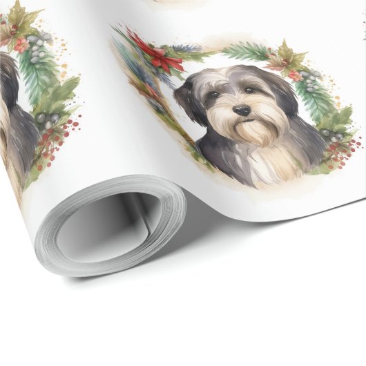Tibeter Terrier Weihnachtskranz Festliche Jungfrau Geschenkpapier (Rolleneckpunkt)