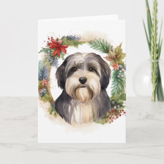 Tibeter Terrier Weihnachtskranz Festliche Jungfrau Karte (Vorderseite)