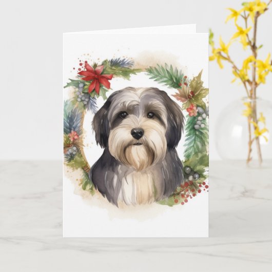 Tibeter Terrier Weihnachtskranz Festliche Jungfrau Karte (Gelbe Blume)