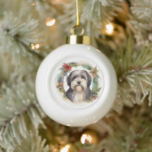Tibeter Terrier Weihnachtskranz Festliche Jungfrau Keramik Kugel-Ornament (Baum)