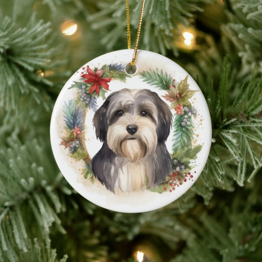 Tibeter Terrier Weihnachtskranz Festliche Jungfrau Keramik Ornament (Baum)