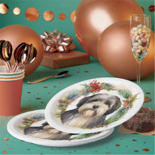 Tibeter Terrier Weihnachtskranz Festliche Jungfrau Pappteller
