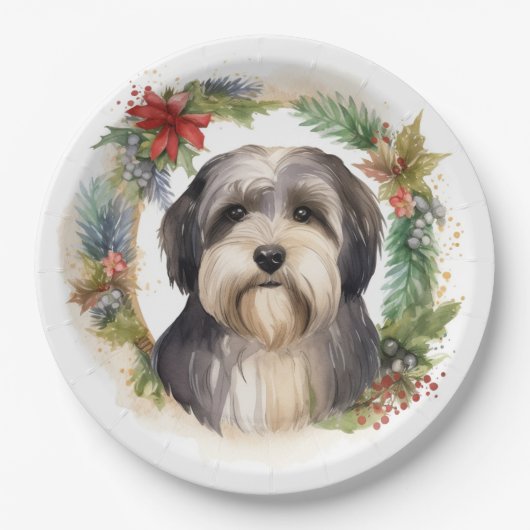 Tibeter Terrier Weihnachtskranz Festliche Jungfrau Pappteller (Vorderseite)