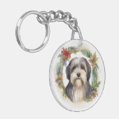 Tibeter Terrier Weihnachtskranz Festliche Jungfrau Schlüsselanhänger (Vorderseite links)