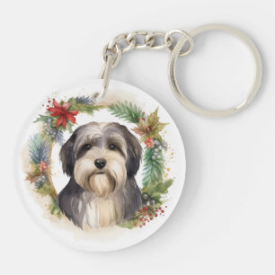Tibeter Terrier Weihnachtskranz Festliche Jungfrau Schlüsselanhänger