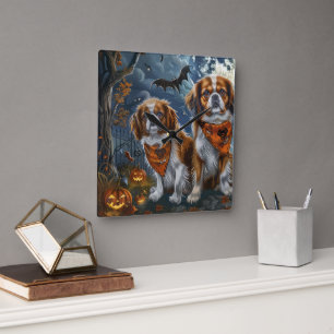 Tibetisch-Spaniel Halloween Spooky Quadratische Wanduhr