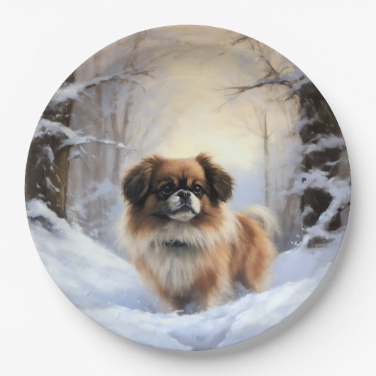 Tibetisch-Spanier lassen Weihnachten schneeweilen Pappteller (Vorderseite)
