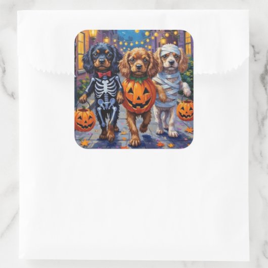 Tibetische Hunde Spaniens zu Halloween-Kostümen Quadratischer Aufkleber (Tasche)