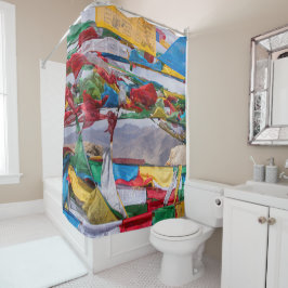 tibetische Landschaft mit Gebetsfahnen - Himalaya Duschvorhang