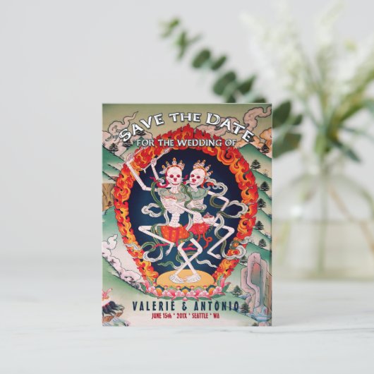 Tibetische Skelette tanzen Save the Date Postkarte (Stehend Vorderseite)