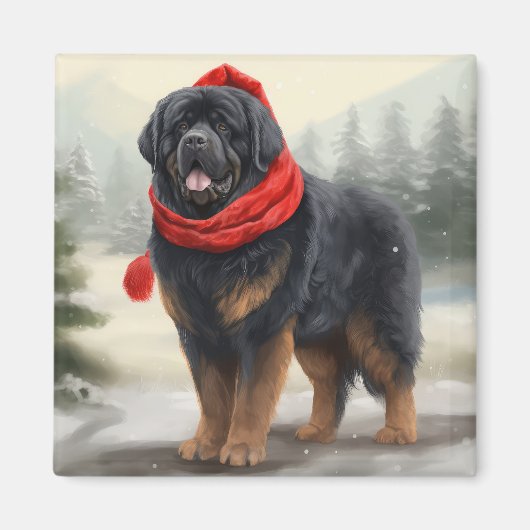 Tibetischer Mastiff Hund in Schneeweihnachtszeit Magnet (Vorne)