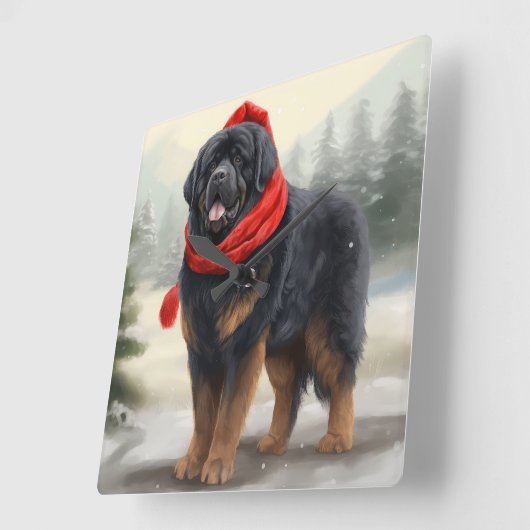 Tibetischer Mastiff Hund in Schneeweihnachtszeit Quadratische Wanduhr (Winkel)