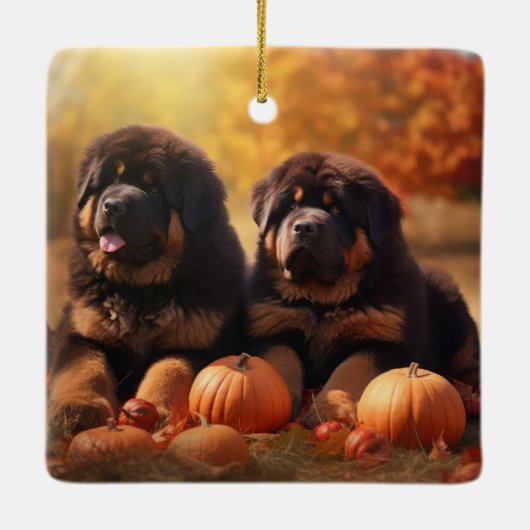 Tibetischer Mastiff Welpe Herbst Kürbis Keramikornament (Rückseite)