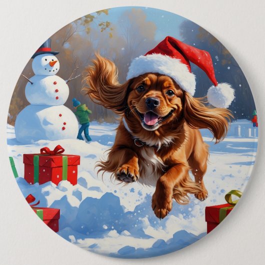 Tibetischer Spanier, der mit Weihnachtshut in Schn Button (Vorderseite)