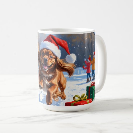 Tibetischer Spanier, der mit Weihnachtshut in Schn Kaffeetasse (VorderseiteRechts)