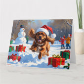 Tibetischer Spanier, der mit Weihnachtshut in Schn Karte (Vorderseite)