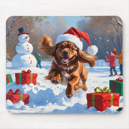 Tibetischer Spanier, der mit Weihnachtshut in Schn Mousepad (Vorne)