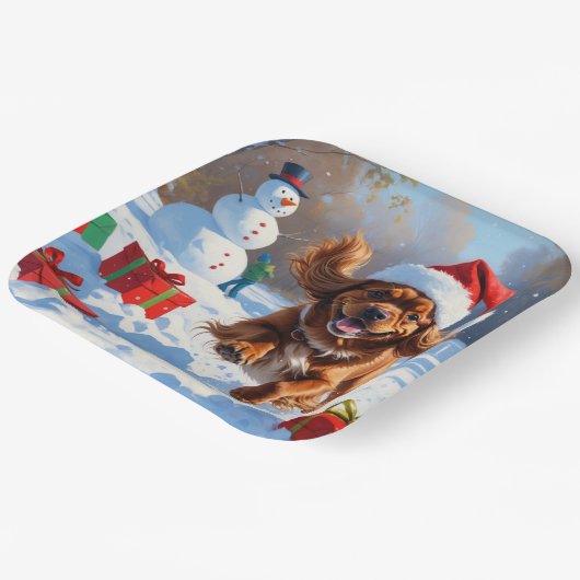 Tibetischer Spanier, der mit Weihnachtshut in Schn Pappteller (Gewinkelt)