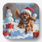 Tibetischer Spanier, der mit Weihnachtshut in Schn Pappteller (Vorderseite)