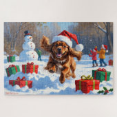 Tibetischer Spanier, der mit Weihnachtshut in Schn Puzzle (Horizontal)