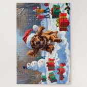 Tibetischer Spanier, der mit Weihnachtshut in Schn Puzzle (Vertikal)