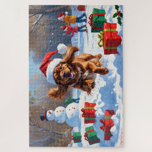 Tibetischer Spanier, der mit Weihnachtshut in Schn Puzzle (Vertikal)