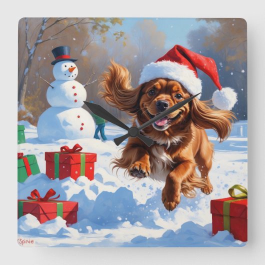 Tibetischer Spanier, der mit Weihnachtshut in Schn Quadratische Wanduhr (Vorderseite)