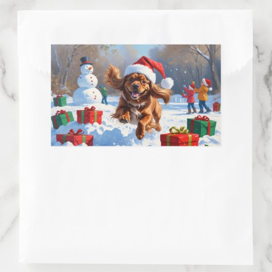 Tibetischer Spanier, der mit Weihnachtshut in Schn Rechteckiger Aufkleber (Tasche)