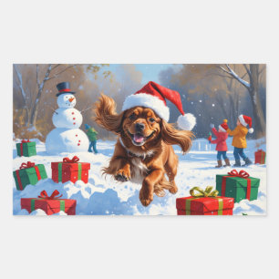 Tibetischer Spanier, der mit Weihnachtshut in Schn Rechteckiger Aufkleber