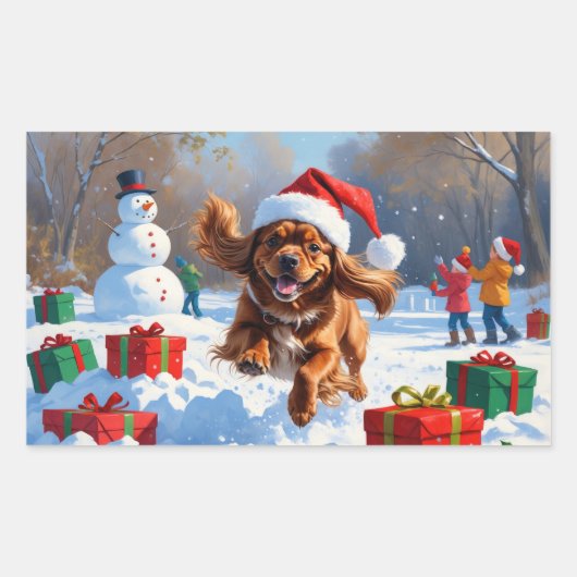 Tibetischer Spanier, der mit Weihnachtshut in Schn Rechteckiger Aufkleber (Vorderseite)