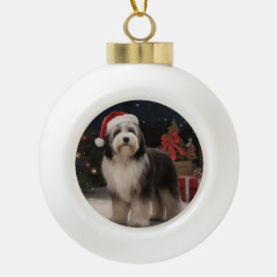 Tibetischer Terrier Hund im Schnee Weihnachten  Keramik Kugel-Ornament
