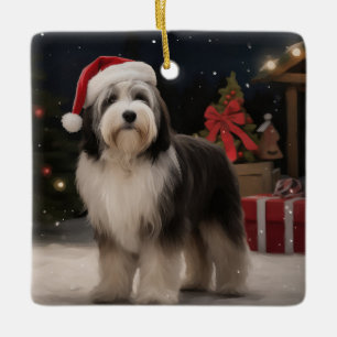 Tibetischer Terrier Hund im Schnee Weihnachten  Keramikornament