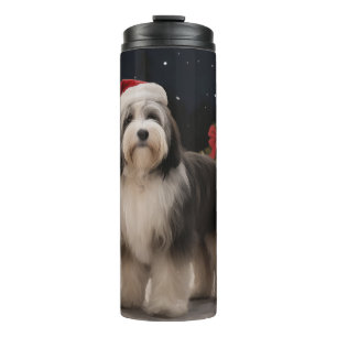 Tibetischer Terrier Hund im Schnee Weihnachten Thermosbecher