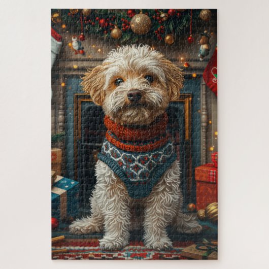 Tibetischer Terrier Hund mit Weihnachtsgeschenken  Puzzle (Vertikal)