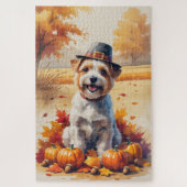 Tibetischer Terrier im Herbst hinterlässt Erntedan Puzzle (Vertikal)