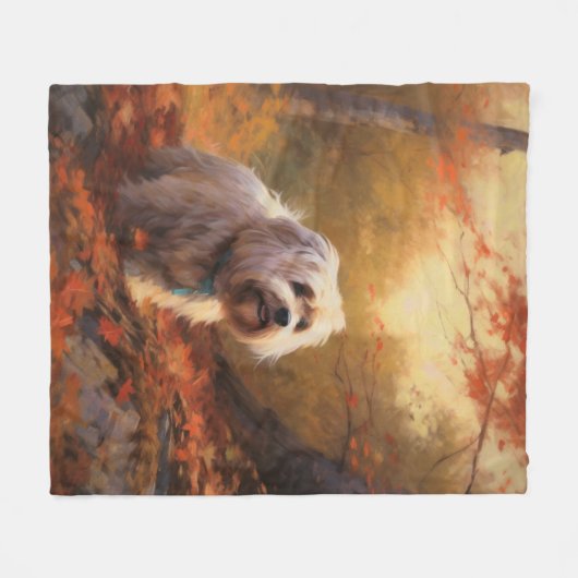 Tibetischer Terrier im Herbstfall Inspiriert Fleecedecke (Vorderseite (Horizontal))