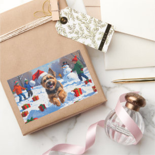 Tibetischer Terrier läuft im Schnee mit Weihnachts Rechteckiger Aufkleber