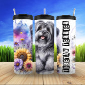 Tibetischer Terrier mit floralem Hintergrund Thermosbecher