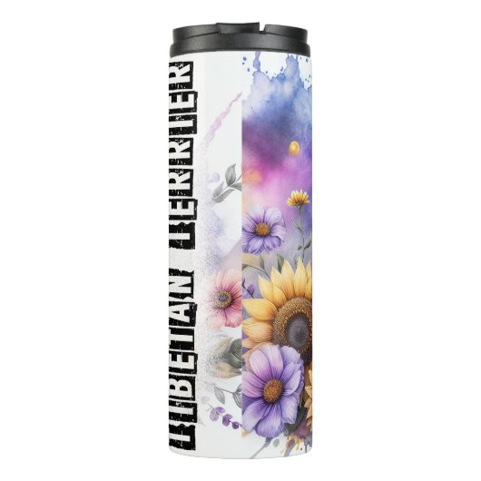 Tibetischer Terrier mit floralem Hintergrund Thermosbecher (Rückseite)